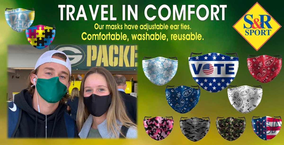 Travel Plans? Get Your Comfortable Mask On. With a built-in pouch for a filter, the elastic ear loops and metal nose clip, you can't find a more comfortable mask. Many designs! Which is your favorite? 😷 - mailchi.mp/srsport/travel…