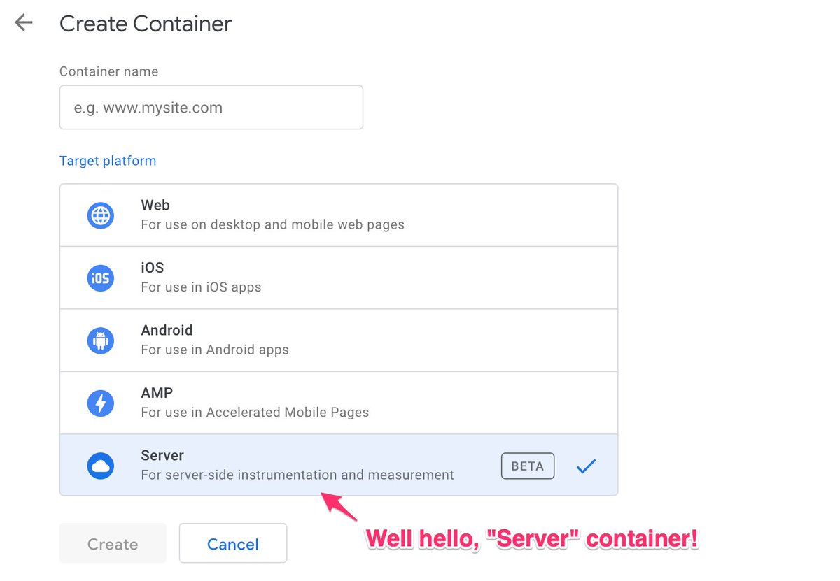 It’s here, it’s here!SERVER-SIDE TAGGING #GoogleTagManagerThe new Server container is now in public beta. You can create a new container in the Admin section of any Google Tag Manager account you have access to.My guide:  https://www.simoahava.com/analytics/server-side-tagging-google-tag-manager/ #measureTHREAD 1/11
