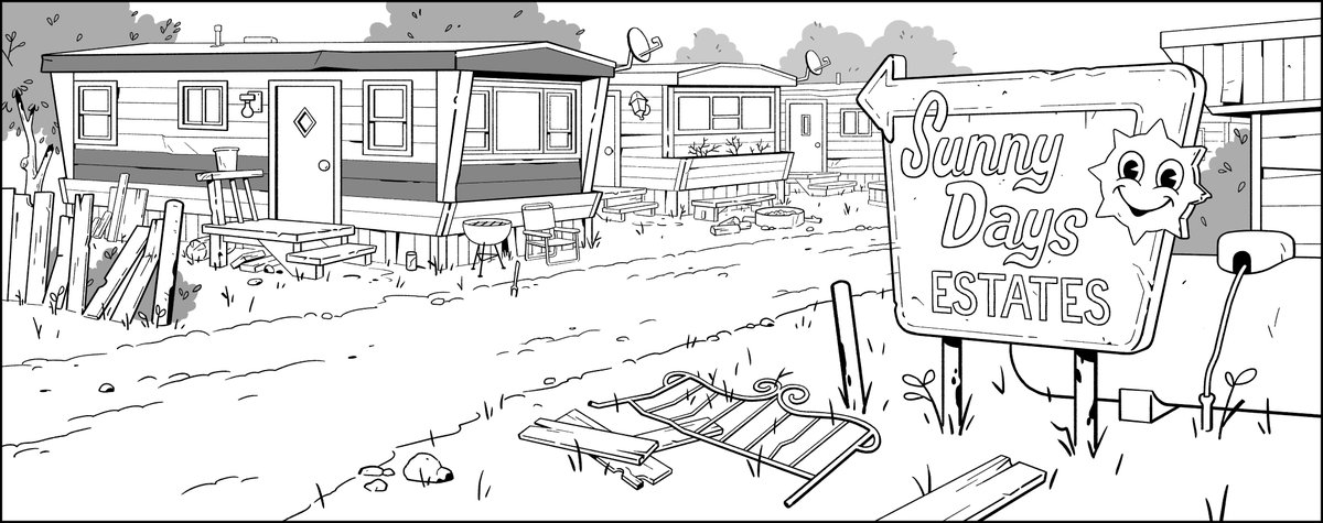 The final cleaned up design pushes the details of those story points even further - a cramped trailer park built with high hopes of which time and circumstances have not been kind.
