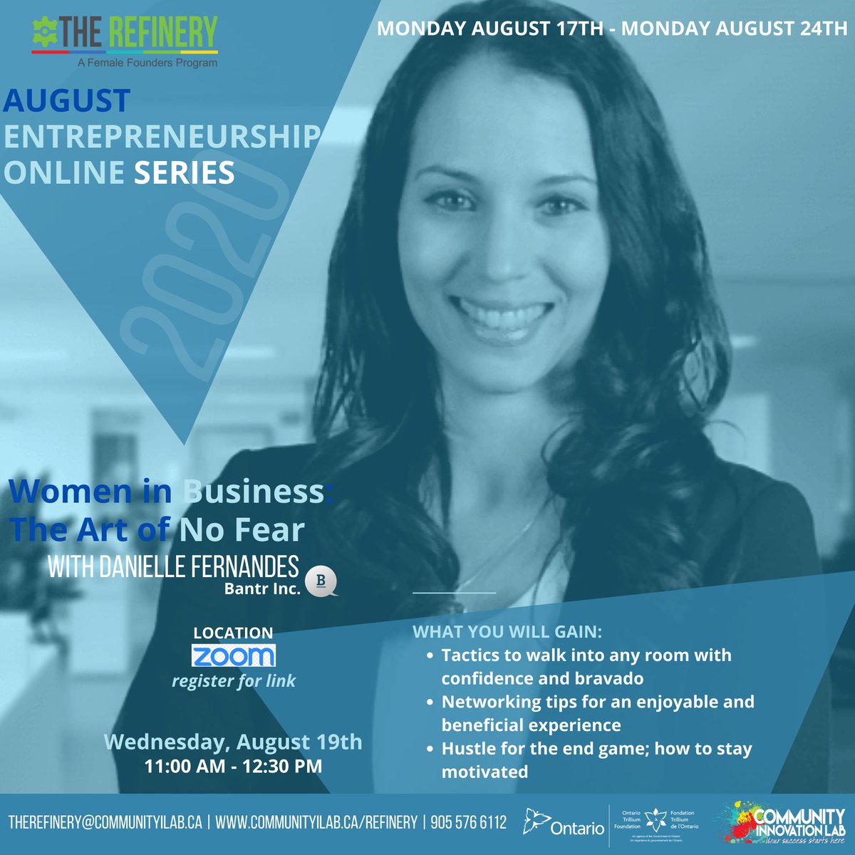 On Wednesday, August 19th, we’re excited to have Danielle Fernandes from <a href="/Bantr_Inc/">Bantr Inc</a> host a dynamic online workshop on everything you need to know about conquering fear in business as a female entrepreneur!
eventbrite.ca/e/august-entre…