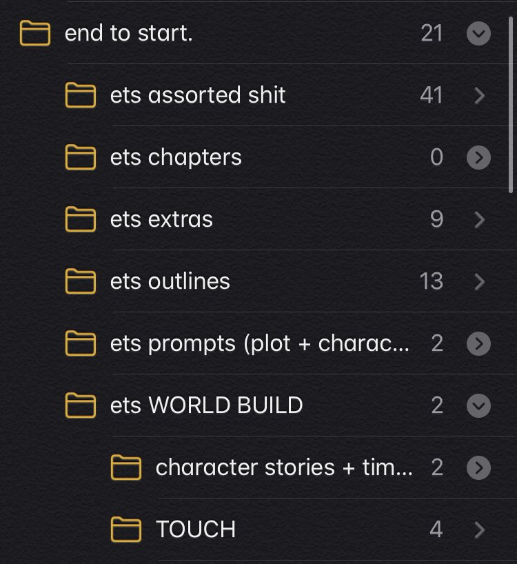 i already made a mistake of trying to wing a huge story once, and while i managed to pull it off, it was hard as hell. so i decided to sweat on this one. as of now, the ets folder in my notes has 6 folders & 73 subfolders and all of them have 418 notes. we'll cover them later