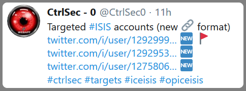 CtrlSec's tweet photo. 🥰 Warm thanks again to all our helpers 🥰

We would like to remind you that a new format for 🎯 links, which suits better with #Webapp, is now available on our other account @CtrlSec0 

Targets are available on our website page too.

Let's kick #ISIS out !!!

#opiceisis #ctrlsec https://t.co/MewT7JxD1l