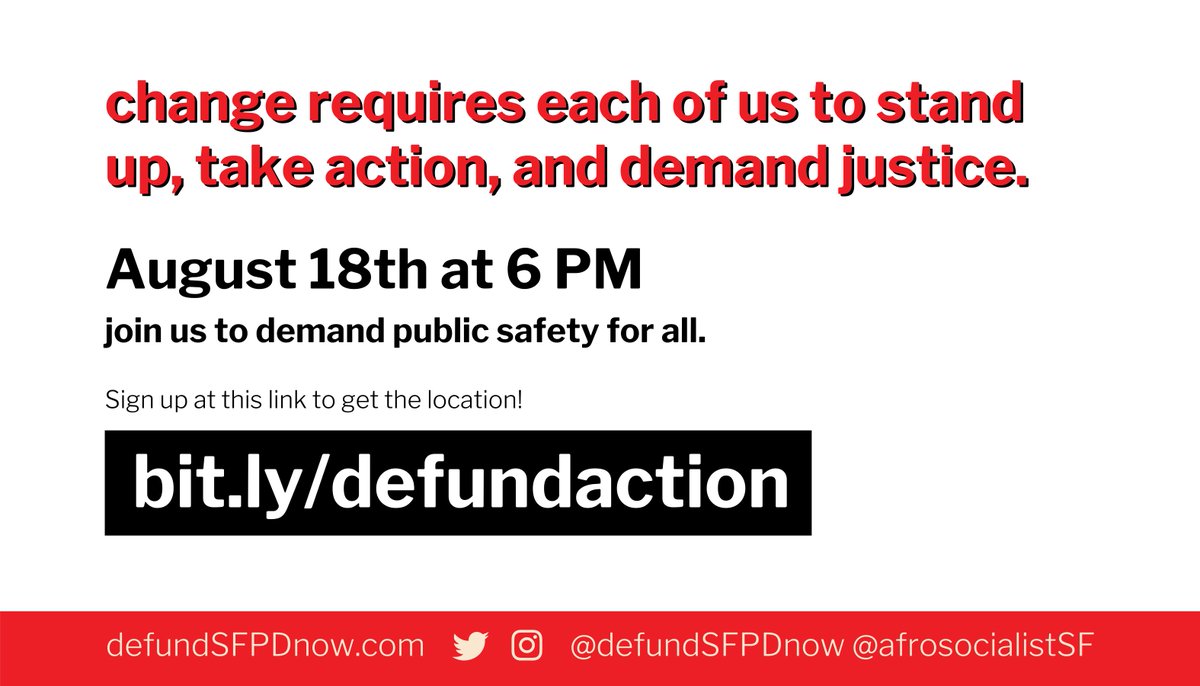 The Mayor's budget lists 22 depts facing bigger budget cuts than SFPD. Now, the Supes control the budget: They won't commit to cutting officers. Is this public safety for all?

Each of us has to stand up &amp; show up: August 18, 6pm.

RSVP bit.ly/defundaction for location #BLM