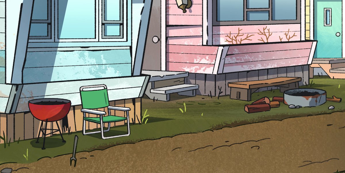 Design a culture.I imagined that residents like to sit out front their trailers enjoying barbecue and bonfires on warm summer evenings, chatting with each other as a community.The implication gives the ratty trailer park a sense of charm, that people still like it there.