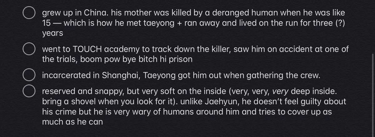 so, for example, here’s a timeline and profile of Sicheng, our favorite resident bitch. you can see his general timeline and profile tips to which i turn when i’m writing his pov (altho at this point he’s one of my favs and i know him enough to not consult the notes)
