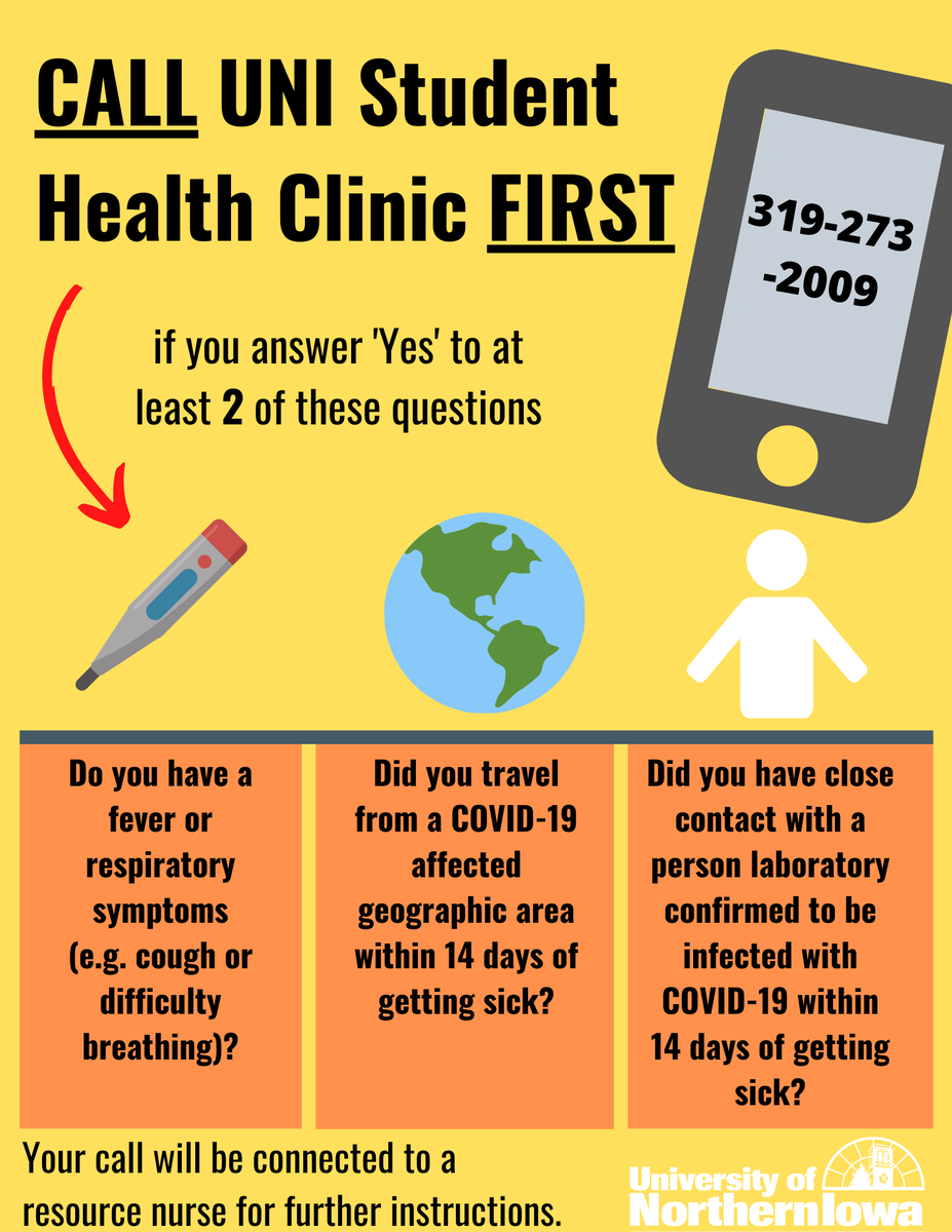UNI_SWS's tweet image. What is the number that you should call if you are experiencing symptoms of Coronavirus? 👉👉 319-273-2009 opt#1. ☎️ @UNI_SHC is ready to serve you by discussing testing options, as well as help with your other health needs! #CallFirst #Covid19