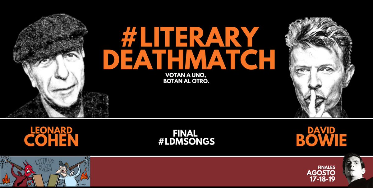 DiegoFonsecaDF's tweet photo. El lunes 17, #LiteraryDeathMatch alcanza sus #LDMFinales.
En #LDMSongs, madresanta, correrán sangre, lágrimas y se desgarrarán corazones:
Leonard Cohen/David Bowie.
Para afilar el colmillo: mañana (jueves 13), semifinal flash Dante-Vallejo en #LDMPoeta.
¿Ya tienen su #Team? https://t.co/rVTYyX9Dw6