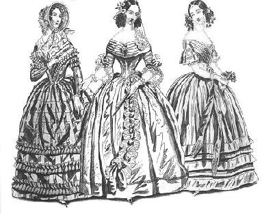 Speaking of ruffles, in this closeup of Clara, note the ruffles ornamenting the seams of her bodice. It's very similar to the leftmost figure in this 1841 fashion plate.