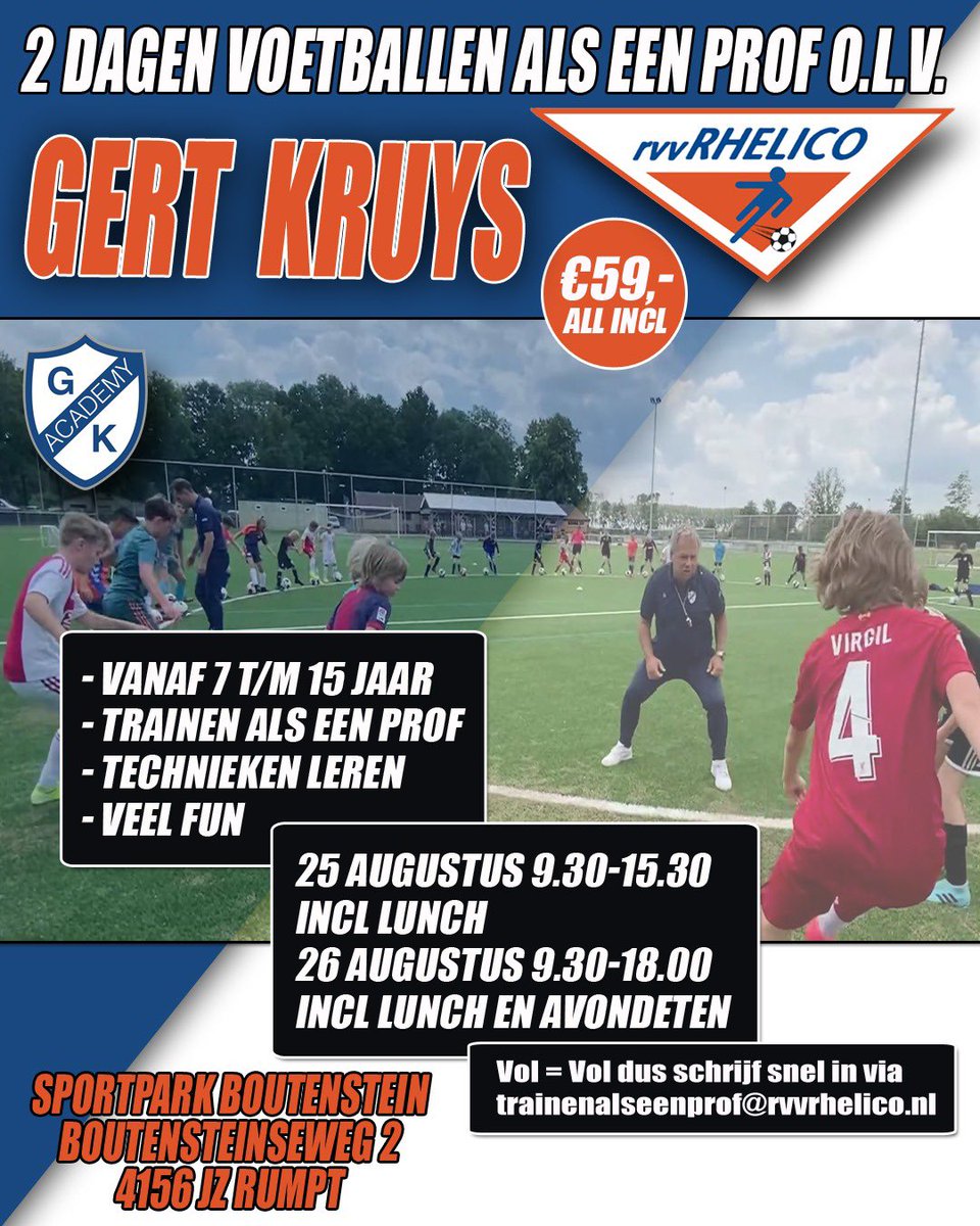 Nog enkele plekken beschikbaar, wees er snel bij! 2 dagen sportplezier voor iedereen tussen 7-15 in West Betuwe <a href="/RVoetbal/">Regio-Voetbal</a> <a href="/geldersvoetbal/">VoetbalGelderland.nl</a>