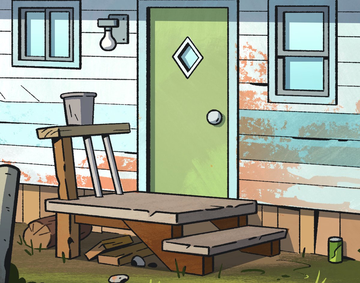 - A worn railing of mismatched parts.- A bucket sitting within easy reach from the door.- A light fixture with an exposed bulb.- Scrap wood kept for some reason.What does this say about who lives here, the way they live their life, keep their home?