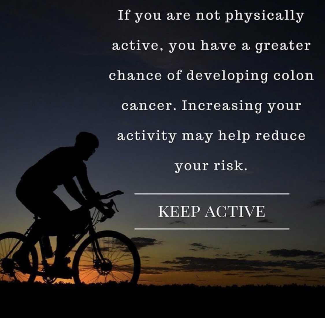#WellnessWednesday: Make sure to stay active & allot time for physical activity—it may help reduce your risk for colorectal cancer 🚴

#keepfit #keepactive #exercise #colon #colorectalhealth #coloncancer #colorectalcancer #colorectalcancerawareness