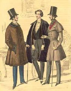 As for men, here's a fashion plate that I'm not quite sure how to date, but seems to be from the 1840s. Tall hats, capes, loose mantles of wool, skirted overcoats, & walking sticks.(Unclear to me if frock coats were also worn as outerwear. Maybe in mild weather)
