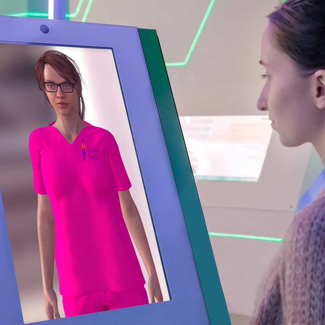 IntelBusiness's tweet photo. Behind this animated virtual agent, #CloudConstable with Intel-powered AI technology helps slow the spread of COVID-19 with self service symptom screenings in high-traffic scenarios.