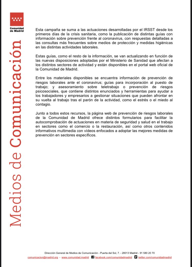 RguezCalle's tweet photo. Con la intención de informar a las empresas de Madrid, en el IRSST vamos a realizar una campaña sobre las nuevas obligaciones en materia de protección de los trabajadores frente al COVID-19. También pretendemos participar, en nuestro ámbito, en la contención de los rebrotes. https://t.co/zKF6F5VzLz
