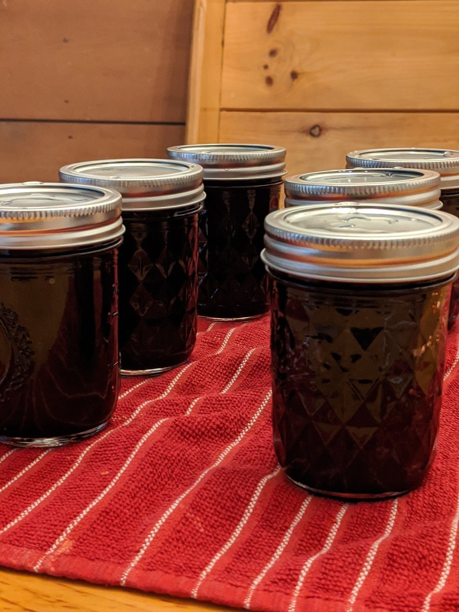 6 half pints of blueberry jam fresh out of the water bath canner.Only fresh blueberries, sugar, and lemon juice. I canned a batch last week but  @normonics kept eating them. Might do another batch before they're out of season.