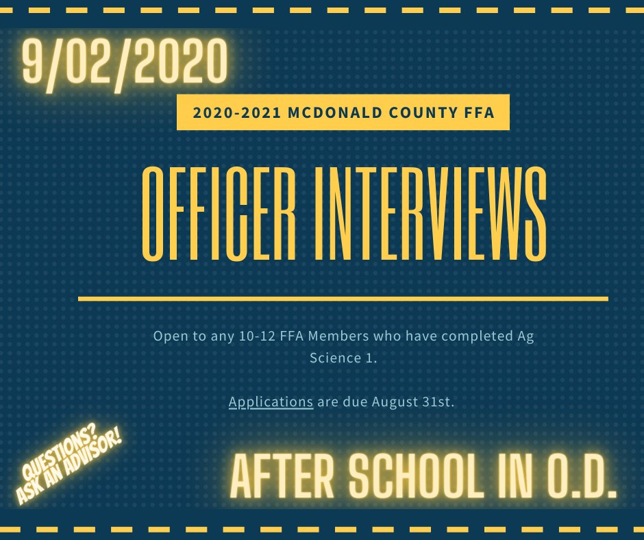 2020-2021 OFFICER INTERVIEWS!!!  
If you have questions contact an advisor!  
Applications can be found:docs.google.com/document/d/1XG…
#MCFFA #GrowTheTradition #MCR1Pride