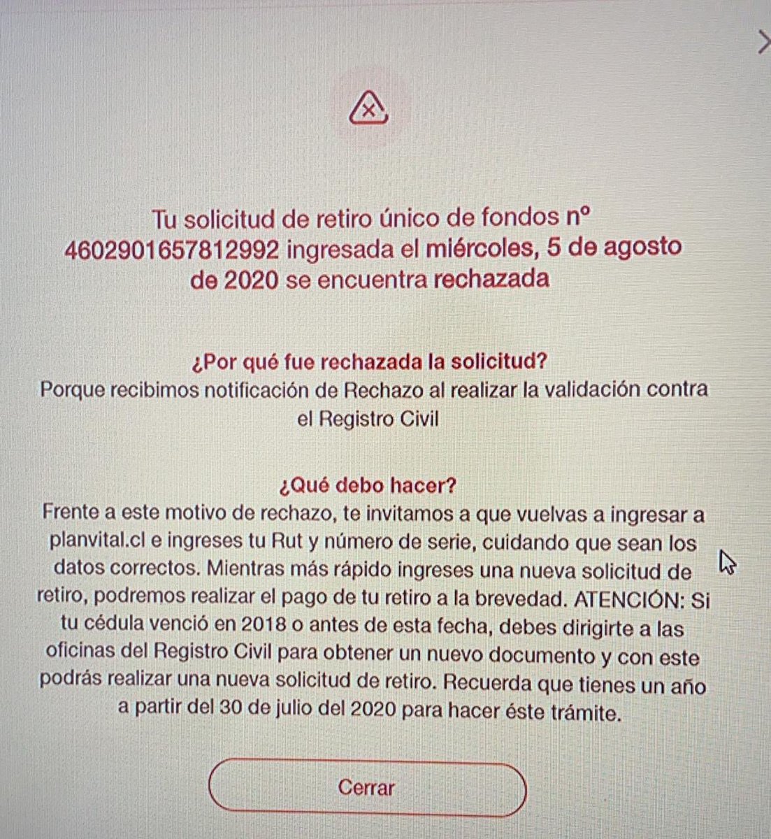 colonjc's tweet photo. Señores @RegCivil_Chile mi solicitud de retiro de 10% En @planvitalafp fue rechazada debido a que la AFP no pudo validar información debido a que mi RUt venció el 11.04.19 por favor agradezco apoyo https://t.co/bJNnJ5URuO
