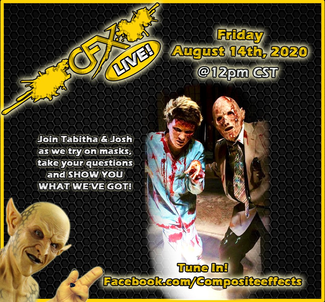 CFXunmasked's tweet photo. Join us via Facebook for #CFXLIVE! on Friday, August 14th at 12 pm CST! We'll chat about what's up next for #CFX, try on #masks, take your questions and wait...is that NEW STUFF?!?
#CompositeEffects #SiliconeMasks #Mask #Cosplay #Costume #Halloween #Haunt #CFXLive #livestream https://t.co/9G8GPbyVdw