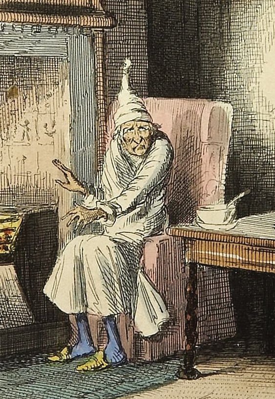 It also helps to keep hair clean in a time when people probably didn't wash their hair super-often. Here's Scrooge in a nightcap from the artwork that accompanied an early edition of A Christmas Carol!