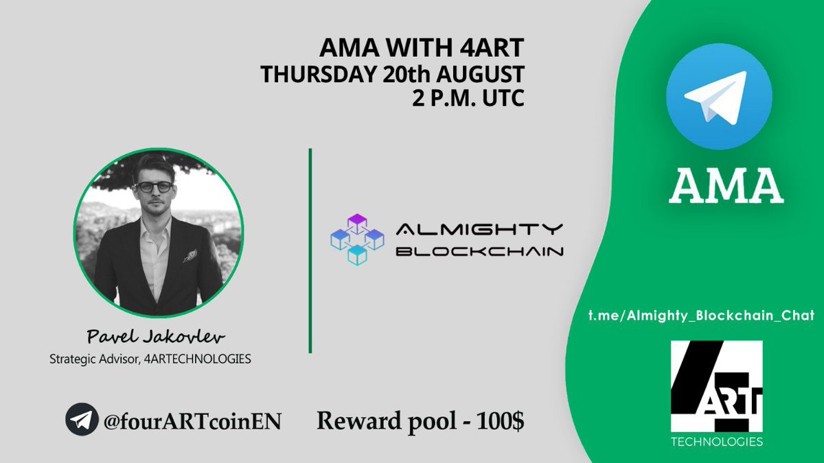 almighty_block's tweet photo. Hello &amp; Namaste
Almighty Blockchain will host an AMA with @4ARTechnologies
on 20th August at 2 PM UTC in https://t.co/lwMY6DkNta

Follow -
@Almighty_Block
@4ARTechnologies
@4Tcoin
Like + Retweet
Comment your Question below + Tag 3 friends https://t.co/b8LwV9nNsu