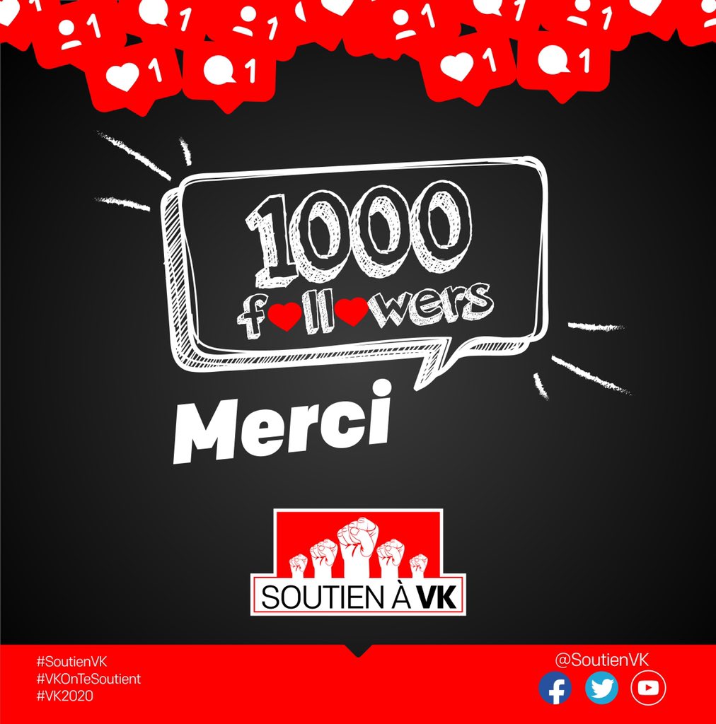 SoutienVK's tweet photo. MERCI À TOUTE LA COMMUNAUTÉ TWITTER. Vous êtes désormais à plus de 1000 à suivre notre compte pour soutenir la vérité et la justice! Ce qui arrive à l’honorable #VitalKamerhe nous indigne et nous voulons TOUS un état de droit
#ProcesPolitique #PrisonnierPolitique #SoutienAVK https://t.co/xe04q5Edxf