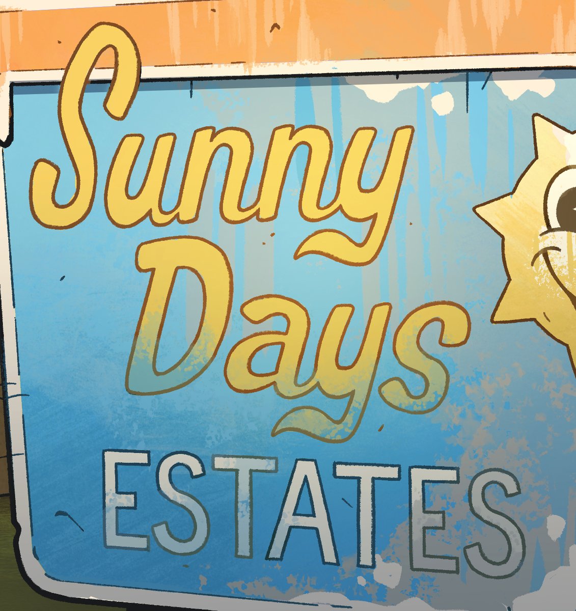 Typography matters.A happy soft typeface of "Sunny Days" contrasts the standard looking seriousness of "Estates" in all-caps, neither of which reflect the reality of the trailer park.The warm yellow is worn away to reveal the cold blue beneath.
