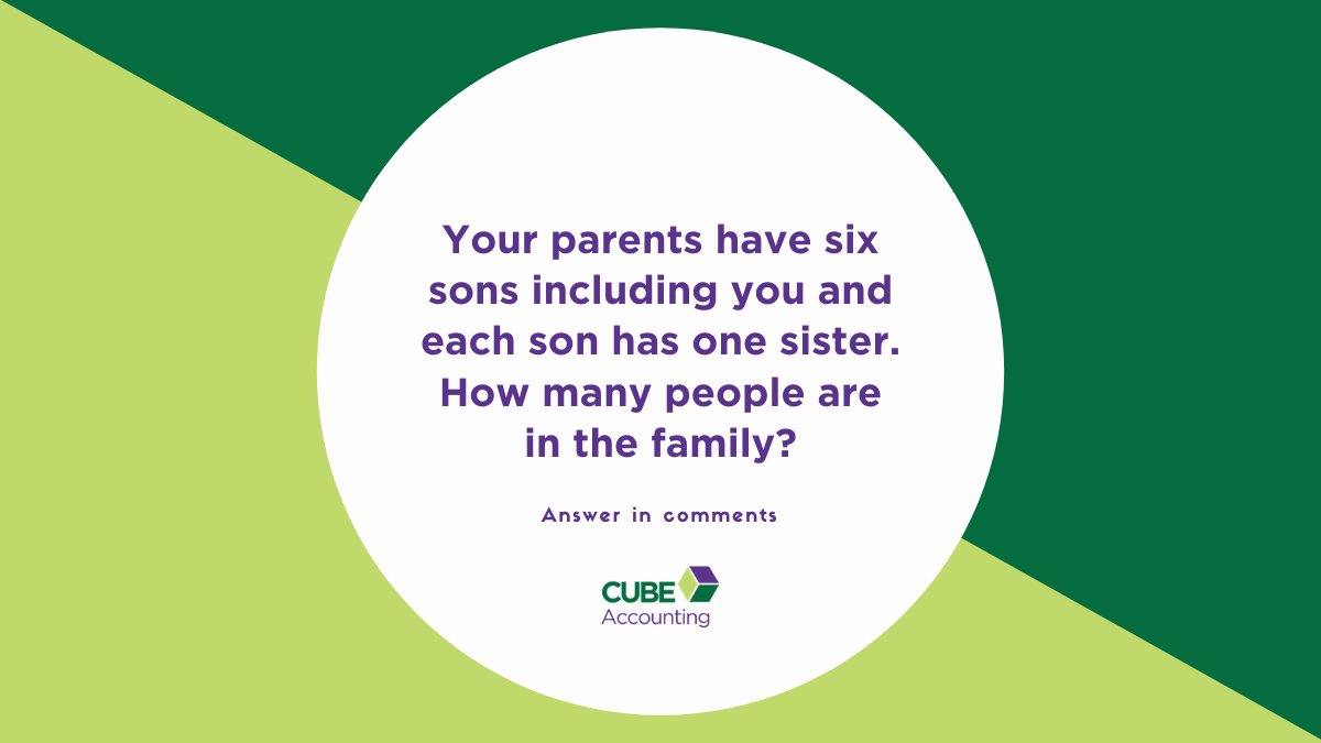 Fun with numbers
Your parents have six sons including you and each son has one sister. How many people are in the family?  #CubeAccounting #FunWithNumbers