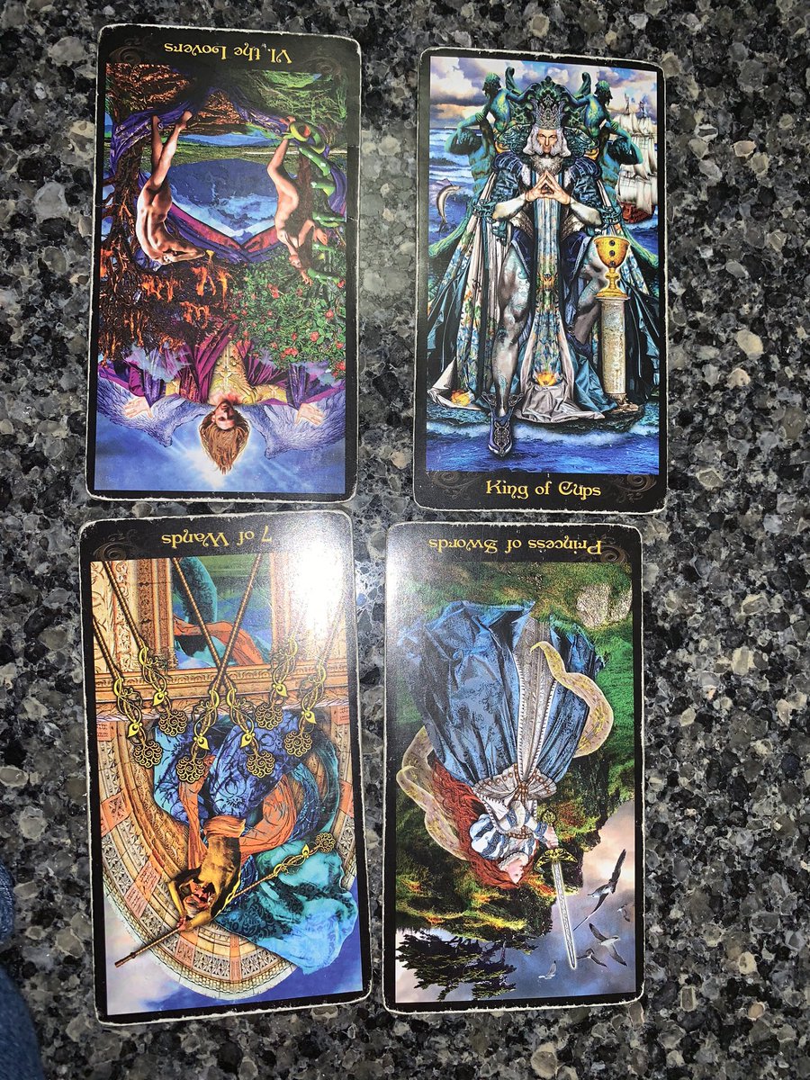 Lovers rx, king of cups, 7 of wands rx, page of swords rx I was waiting in the airport and decided to pull some cards lol.