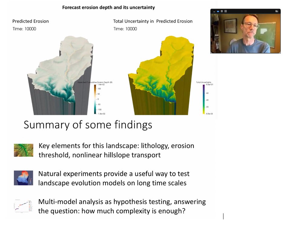 BenjaminCa's tweet image. Fascinating talk on future erosion prediction using #landlab by @GregTucker and @katybarnhart  to kick off our science lecture series of #ESPIn @CSDMS. Take home question: How much model complexity is enough to capture complex geophysical processes?