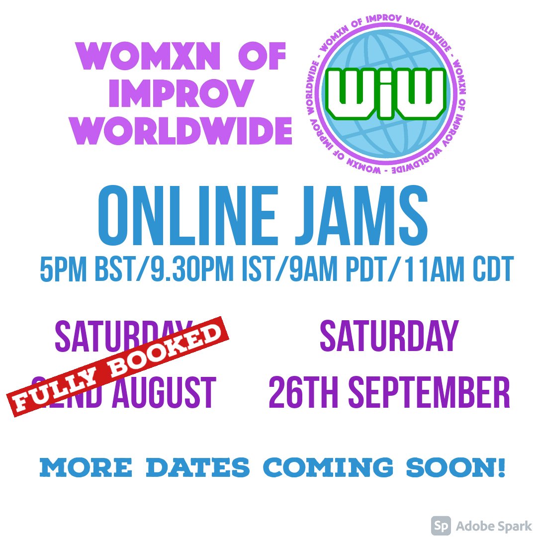 UPDATE!
Our Womxn of Improv Worldwide Jam on the 22nd Aug is now fully booked.
But FEAR NOT! For we still have spaces for the 26th Sept, with more dates being added soon.

To register head to the WIW group on our Facebook page. 
facebook.com/BossBirdsImpro…