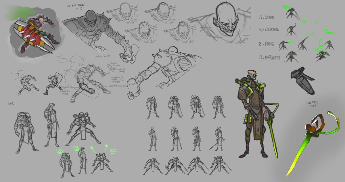 A few concept pages of my Singed rework, it took me a year to work on the different ideas, it's not finished yet but I'm pretty proud of the direction it took.