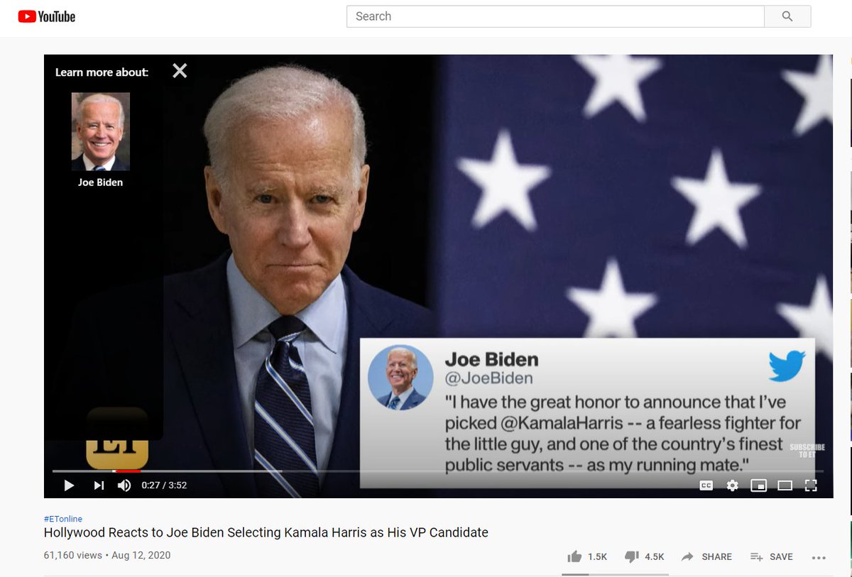 StarSearchReal's tweet photo. Have you tried out #StarSearchByReal yet? When you have the #webextension, it's fun to go to #YouTube to watch the latest clips & #learnmoreabout who's in the video... like the celebs who are reacting to @JoeBiden's selection of @KamalaHarris for #VP! https://t.co/IAT5rjpVBi https://t.co/supsZHpsZL