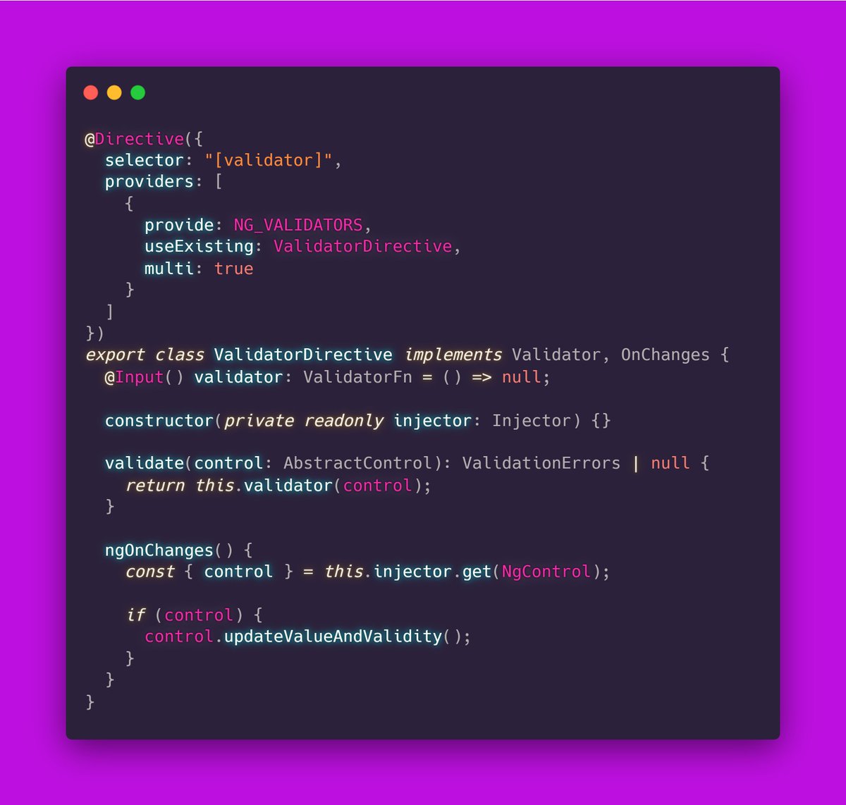 Waterplea's tweet image. 💡#AngularTip for the day! Ever needed to change validators on your #Angular from dynamically? There&apos;s no need for imperative setValidators call, create a directive to leverage power of Dependency Injection and NG_VALIDATOR token!💪

Full code:
stackblitz.com/edit/angular-d…