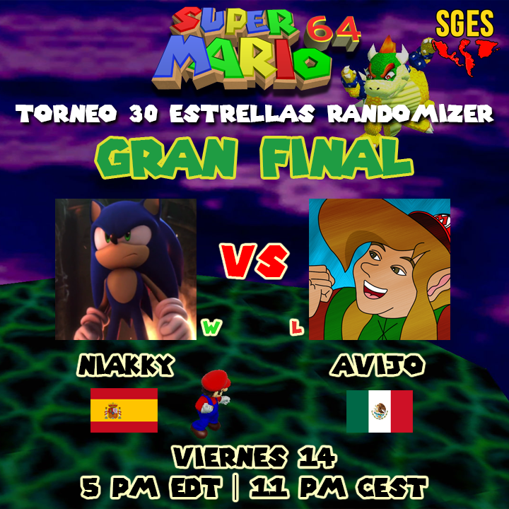 Después de una larga espera, se aproxima la tan esperada gran final del torneo de Super Mario 64 Randomizer

<a href="/Niakky_/">🐒Niakky🐒</a> 🇪🇸, quien sobrevivió invicto desde la primera ronda se enfrentará a <a href="/avijobat/">Avijo</a> 🇲🇽, quien llega victorioso desde el bracket de perdedores

Nos vemos el Viernes 14