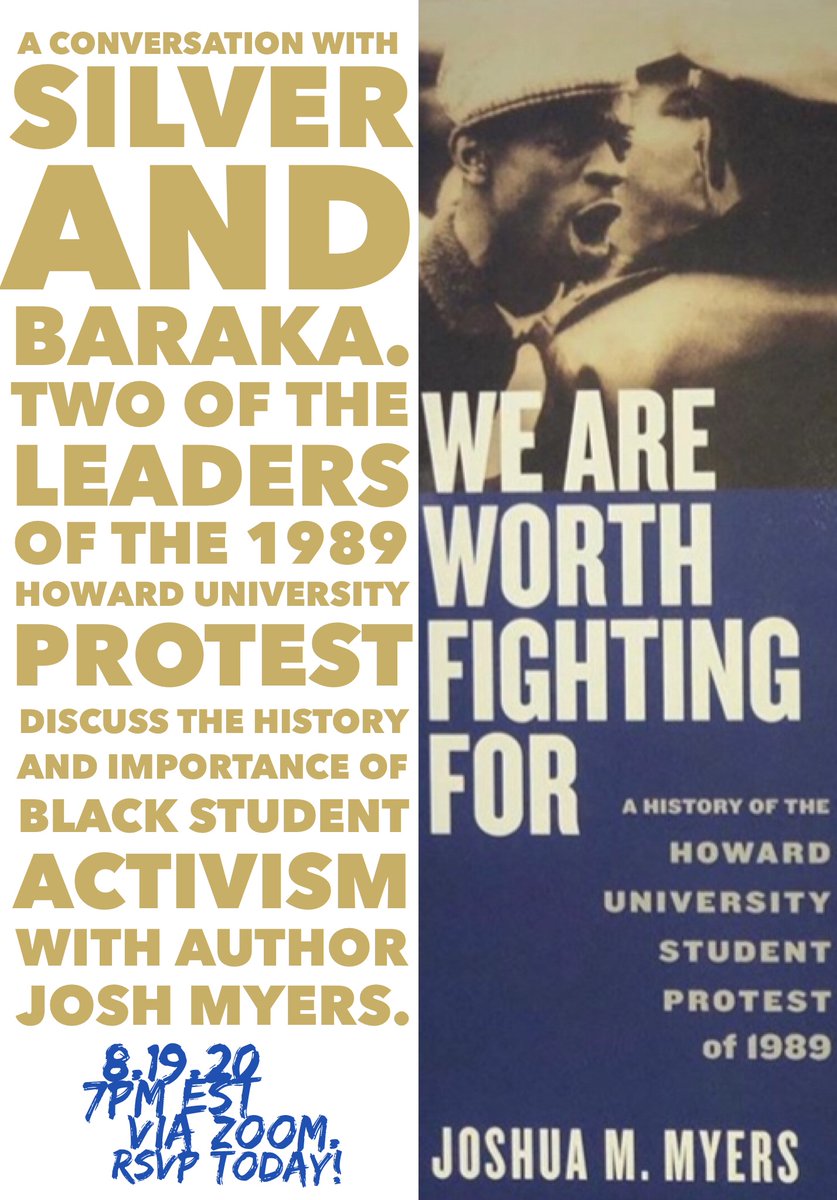 April Roneé Silver (@aprilrsilver) on Twitter photo Dear students of history, social justice advocates, activists, and organizers: This is for us. Join me, Mayor <a href="/rasjbaraka/">Ras J. Baraka</a>, + Dr. Josh Myers (@ddhewty) on 8.19.20 at 7p EST.
The lessons from the 1989 #HowardUniversity student protest are timeless.
RSVP: bit.ly/silverbarakamy… Dear students of history, social justice advocates, activists, and organizers: This is for us. Join me, Mayor <a href="/rasjbaraka/">Ras J. Baraka</a>, + Dr. Josh Myers (@ddhewty) on 8.19.20 at 7p EST.
The lessons from the 1989 #HowardUniversity student protest are timeless.
RSVP: bit.ly/silverbarakamy…