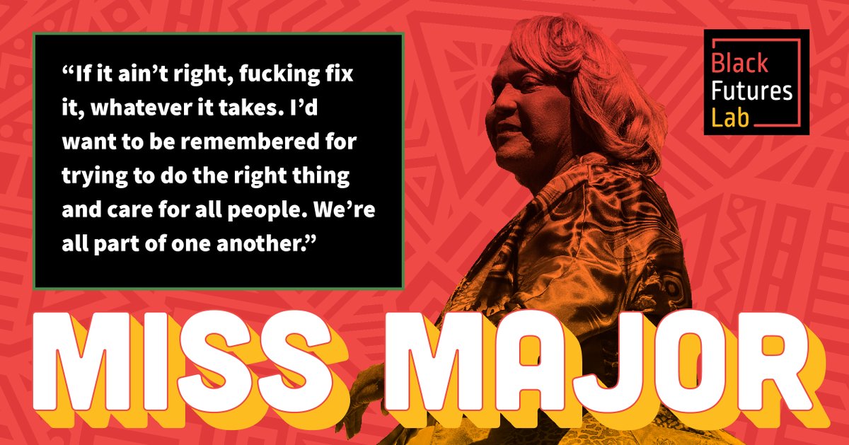 It’s #BlackWCW! Today we celebrate <a href="/immissmajor/">Miss Major</a>, a leading voice during the #Stonewall Rebellion of 1969 and pivotal figure in the Trans Liberation fight for over 50 years. We thank you for your advocacy, vision, and leadership. #BlackWomenLead #BlackAugust