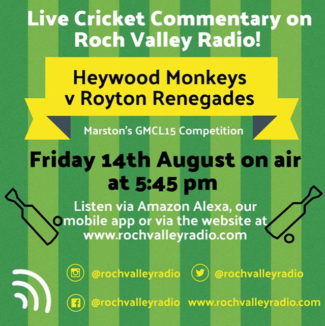 RochValleyRadio's tweet photo. 🗓️ TONIGHT
🎙 Live Cricket Commentary
🏏 @HeywoodCC vs @RoytonCc
🏆 @GtrMcrCricket Marston T15
🗣 Aaron Benson, Vinny Morley, Andrew Smythe & Jon Wiggans
💻 Listen via https://t.co/VtKnSiWpMh from 5.45 pm. https://t.co/h2GqzeWu8X
