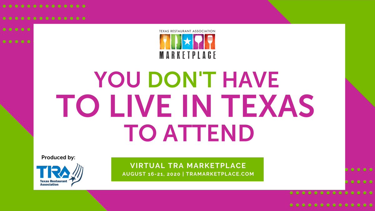 TXRestaurants's tweet photo. Did you know that you can attend #VirtualTRAMarketplace from anywhere? Everything is hosted completely online, so you can attend whether you're in the office, at home, or in another state! Restaurant operators register FREE: https://t.co/FSsbgyiCSt https://t.co/a6KMv2oYOK