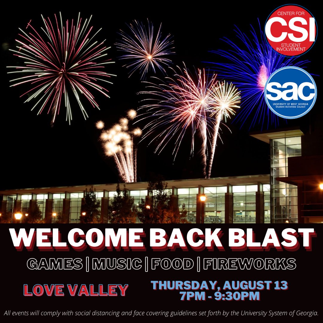 The Welcome Back Blast will be held tomorrow from 7-9:30pm in Love Valley! There will be games, music, food and more! Come out and have a good time!
#uwg #uwg21 #uwg22 #uwg23 #uwg24