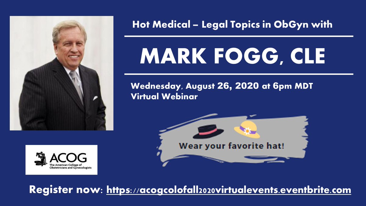 CoAcog's tweet image. Our first virtual event of 2020 is less than two weeks away! We are excited to hear from Mark Fogg, CLE about Hot Medical - Legal Topics in ObGyn on August 26, 2020 at 6pm MDT.

Register now for this event by visiting: …ofall2020virtualevents.eventbrite.com

#acogco @acog @ACOG_District8