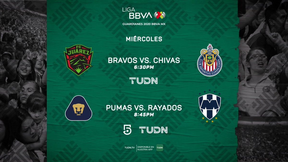 hoylaguna's tweet photo. ¡Continúa la acción en #TuLigaMx! 💥⚽ 🐎 @fcjuarezoficial vs @Chivas 🐐🐾 @PumasMX vs @Rayados 🤠📅Miércoles 12 de agosto  📺 @TUDNMEX | @MiCanal5 📱https://t.co/fqxMyUNaDR ¡Vive la jornada 4 de #TusGuard1anes2020 en #TUDN! https://t.co/AoipDcrn88