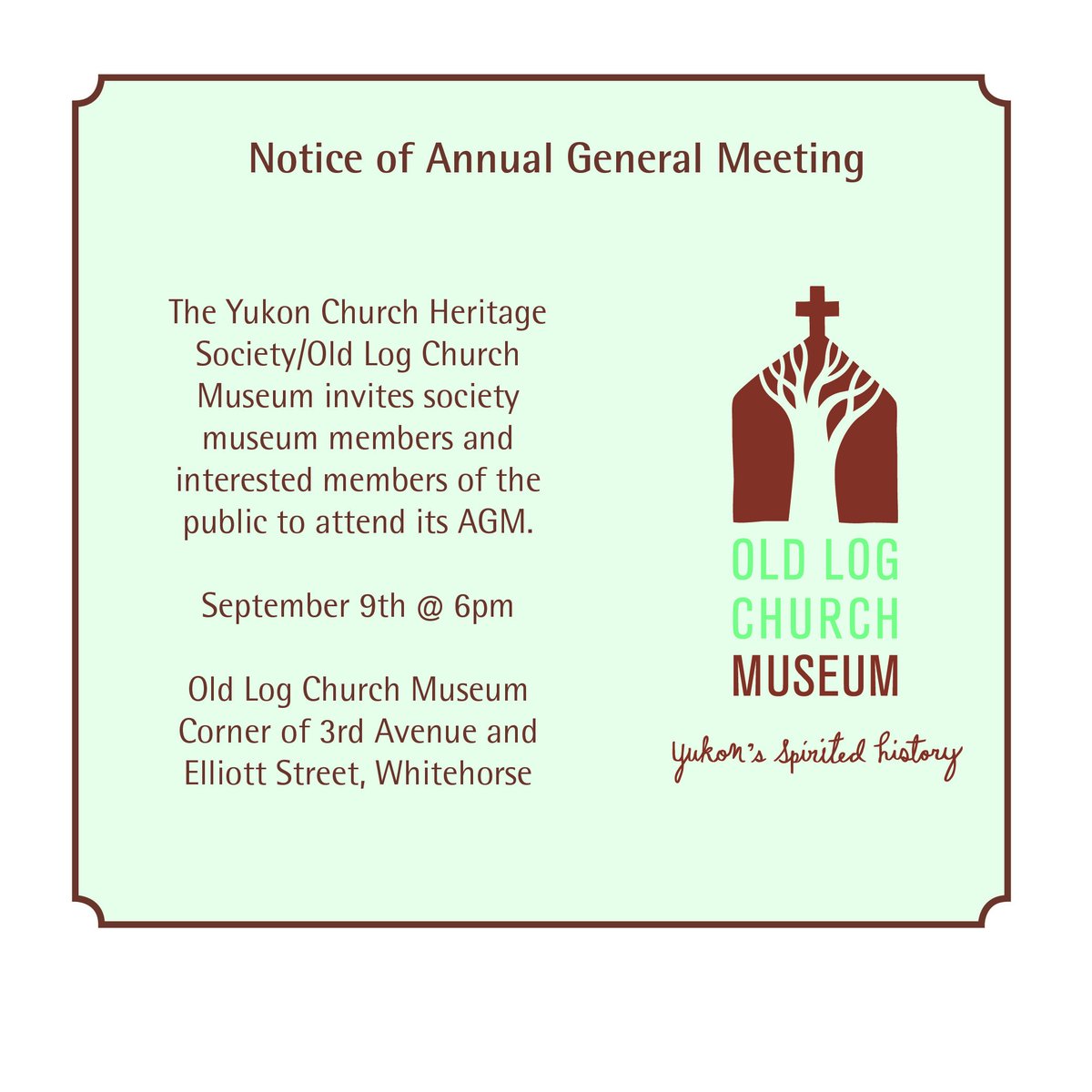oldlogchurch's tweet photo. If you're interested, the OLCM is having our Annual General Meeting on September 9th at 6pm. https://t.co/MNsAyFwLez
