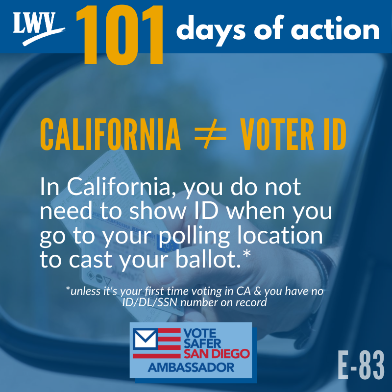 LWVSD's tweet photo. In #California, you DO NOT need ID to vote. ONE exception: See the graphic...Otherwise, NO #VoterID needed in California! Need ID in ANY state to vote? Check out @VoteRiders for help. #2020Election #101DaysofLWVAction #Vote #FactsMatter #November3 #PreBunk #VoteSaferSanDiego https://t.co/cIHaWlaMix