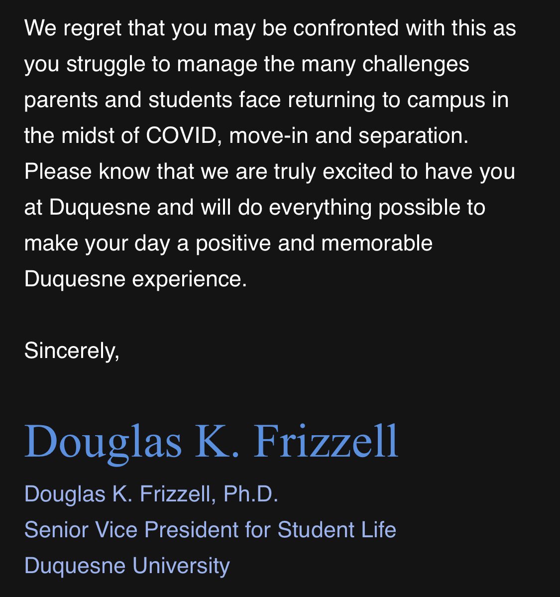 abbi_rubino's tweet photo. hey newsflash @duqedu, we aren’t scared of JB’s mom who is peacefully protesting. We are scared of your lack of empathy &amp; action. This email is literally gross, I’m so disappointed. https://t.co/OcM5ammDc6