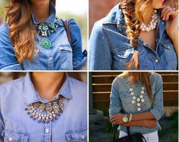 4. The dreaded denim shirt chunky necklace combo, the girlies most likely styled this combo with a bun, ya twist bc twist was peaking at the same time. You could see this in other variations of white button up shirts or chiffon blouses