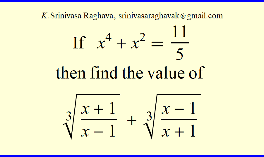 SrinivasR1729's tweet photo. An easy algebraic problem, just for fun. 
@diegorattaggi @_eylem_99 I am sure you will like this. 
#Mathematics https://t.co/m7EmiFYcp3