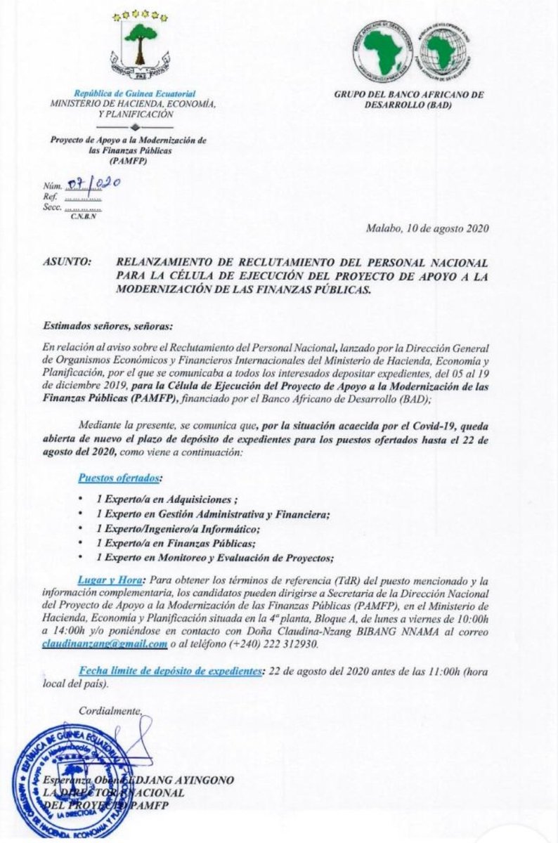 El @MinisterioHaci2 convoca plazas para reclutamiento del personal nacional para la célula de ejecución del proyecto de apoyo a modernización de las finanzas públicas de Guinea Ecuatorial; para mas information 👇🏾