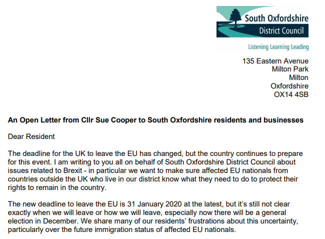 We sent targeted letters to EU citizens registered on the electoral roll. We left an open letter on the website and encouraged parishes to share it to reach the max EU citizens. @SouthOxon and  @WhiteHorseDC sent 7000+ letters (tbc). #OurHomeOurVote http://www.southoxon.gov.uk/sites/default/files/Letter%20to%20EU%20Citizens%20-%20SOUTH%20OXFORDSHIRE.pdf?fbclid=IwAR0AIc67z1Q2wF_Dcrv_MmTuHeqIWHiQ9bLSE_BKsbfP2ZC-B5xvStsHc7s