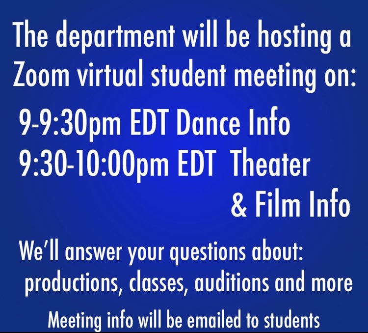Tomorrow! On August 13th we will be hosting a virtual meeting to answer questions and talk about the classes and productions this year. We hope to see you there.