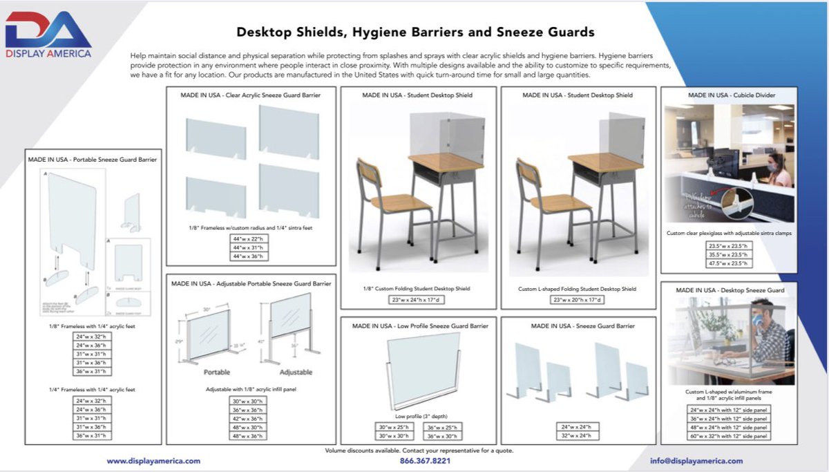 displayamerica's tweet photo. Check out our new desktop shields and hygiene barriers. Call us at 866.367.8221 to order or shop online at https://t.co/8AFcZ6uOv7
#acrylicshields #desktopshields #covid19businesssupport #back2school https://t.co/UoW4OOPpOU